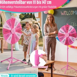 60 cm Glücksrad mit 12 Fächern & Klappbarem Höhenverstellbarem Dreibein-Ständer Rosa