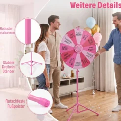 60 cm Glücksrad mit 12 Fächern & Klappbarem Höhenverstellbarem Dreibein-Ständer Rosa