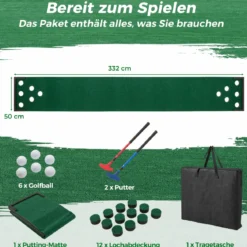 332 cm Golf Puttingmatte mit 2 Verstellbaren Puttern & 6 Bällen & 12 Lochabdeckungen Tragbare Golfmatte