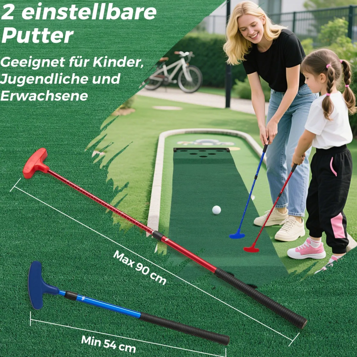 332 cm Golf Puttingmatte mit 2 Verstellbaren Puttern & 6 Bällen & 12 Lochabdeckungen Tragbare Golfmatte