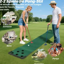 332 cm Golf Puttingmatte mit 2 Verstellbaren Puttern & 6 Bällen & 12 Lochabdeckungen Tragbare Golfmatte