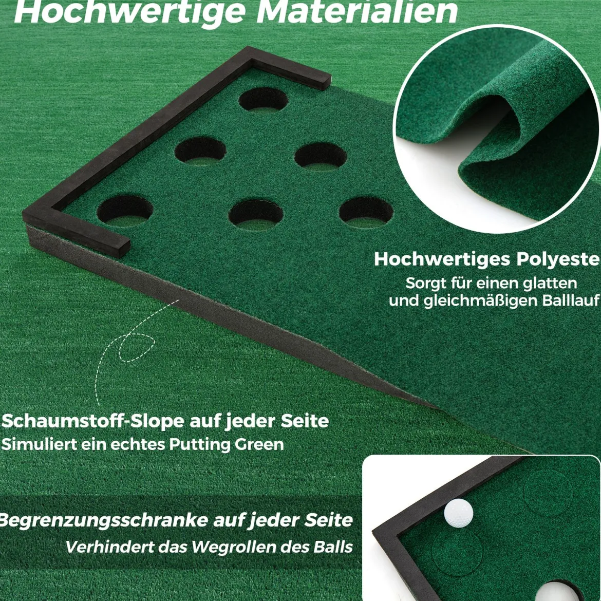 332 cm Golf Puttingmatte mit 2 Verstellbaren Puttern & 6 Bällen & 12 Lochabdeckungen Tragbare Golfmatte