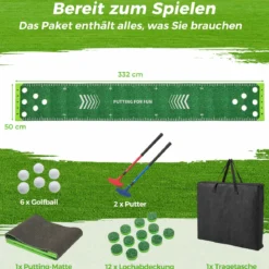 332 cm Golf Puttingmatte mit 2 Verstellbaren Schlägern & 6 Bällen Golf Übungsmatte Golf