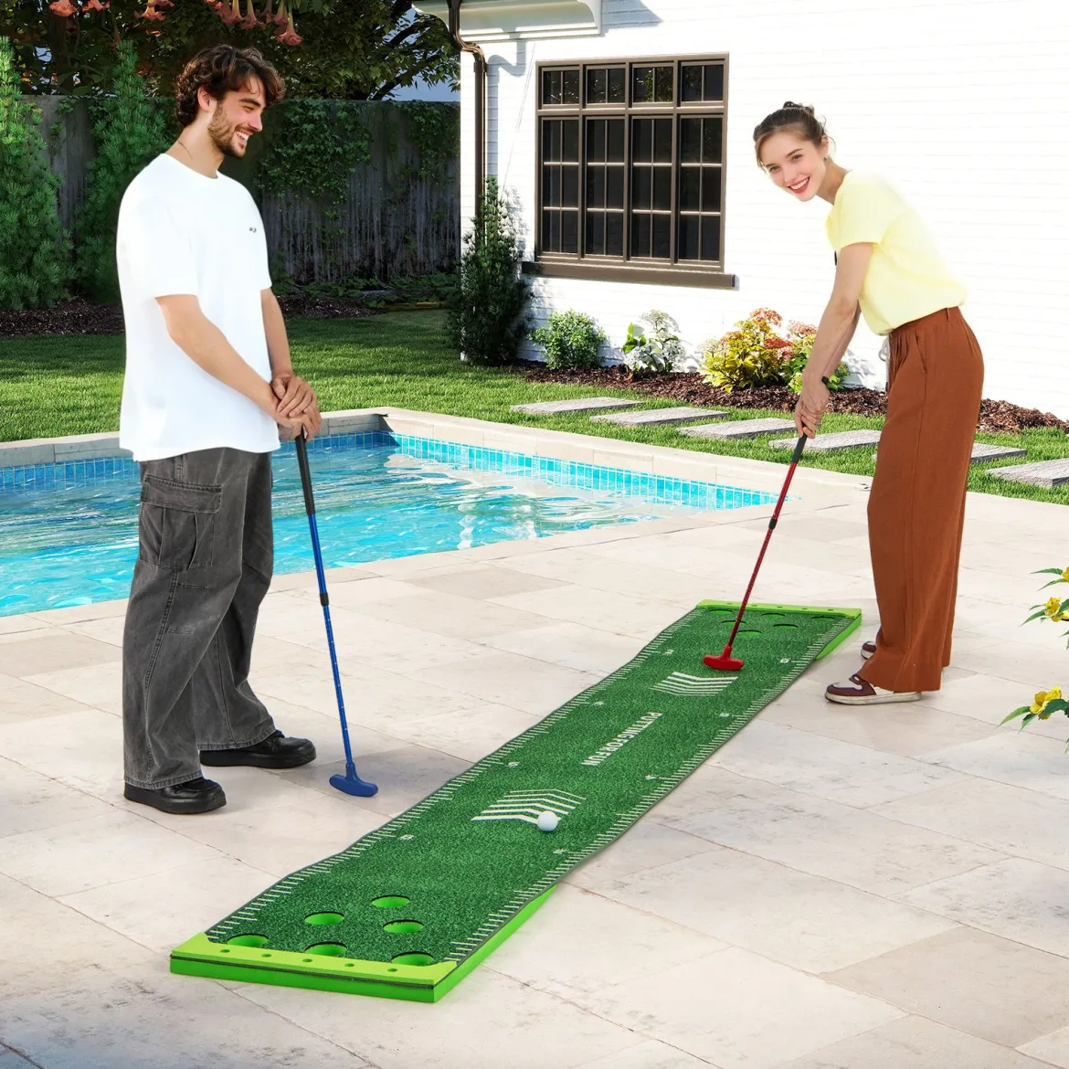 332 cm Golf Puttingmatte mit 2 Verstellbaren Schlägern & 6 Bällen Golf Übungsmatte Golf