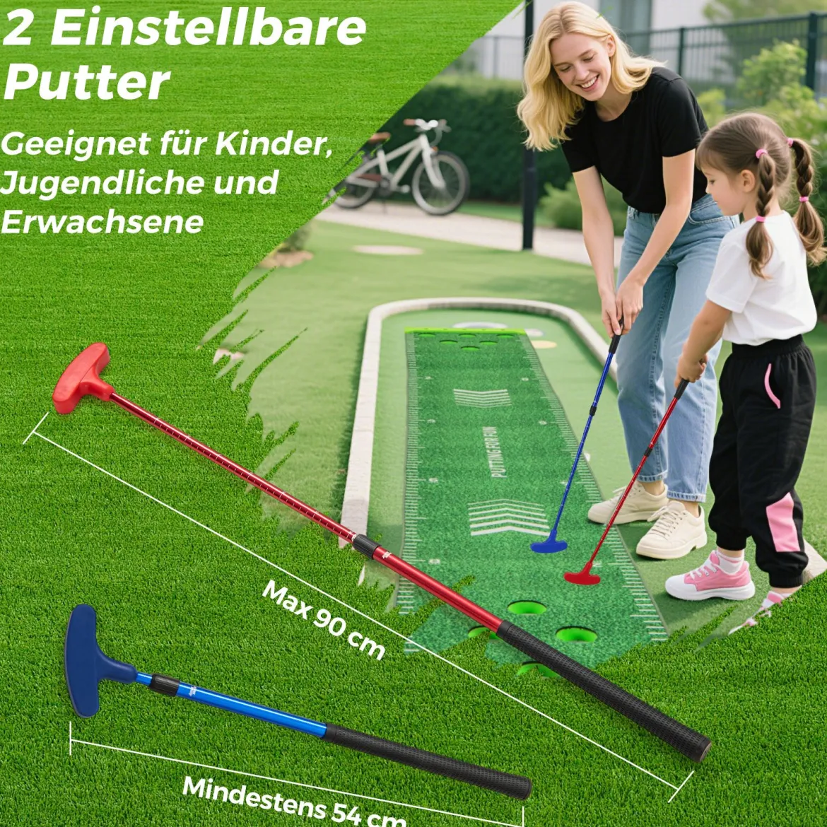 332 cm Golf Puttingmatte mit 2 Verstellbaren Schlägern & 6 Bällen Golf Übungsmatte Golf