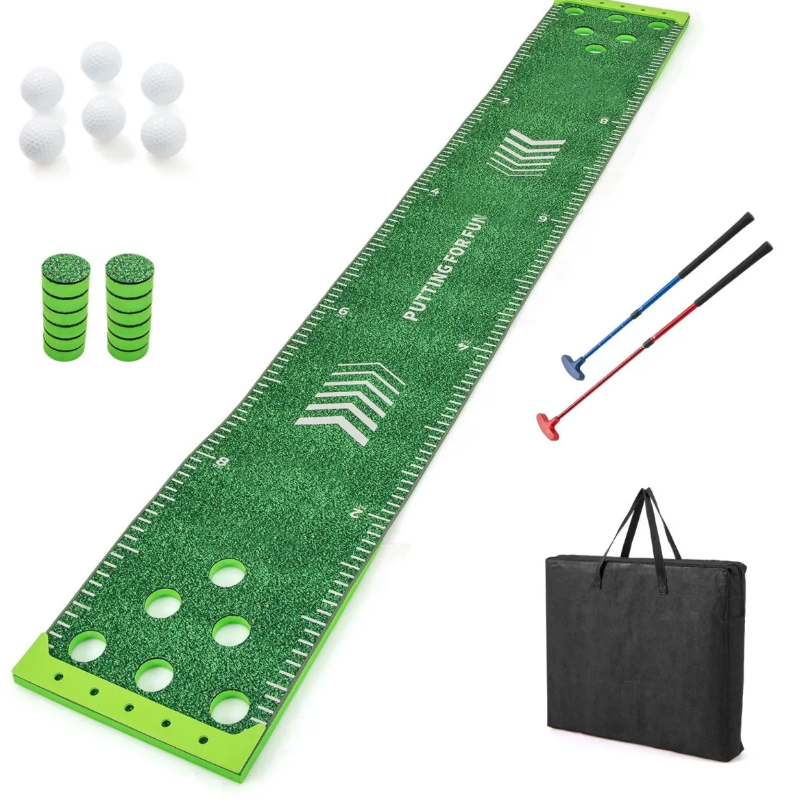 332 cm Golf Puttingmatte mit 2 Verstellbaren Schlägern & 6 Bällen Golf Übungsmatte Golf