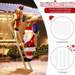166 cm groß Beleuchtetes Rentier & Weihnachtsmann auf Leiter mit 100 LED-Lichtern XXL