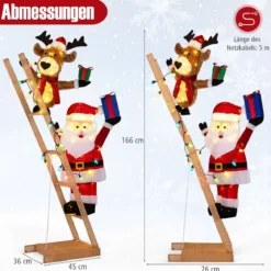 166 cm groß Beleuchtetes Rentier & Weihnachtsmann auf Leiter mit 100 LED-Lichtern XXL