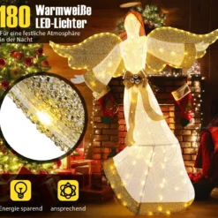 160 cm großer beleuchteter Weihnachtsengel Leuchtende Engelsfigur mit Heiligenschein Warmweiß