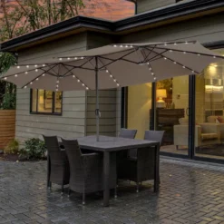 470 cm Großer Doppel-Terrassenschirm mit 48 Solar-LED-Lichtern & Kurbel Außenschirm Schirmständer nicht enthalten