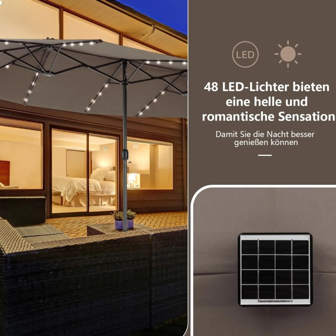 470 cm Großer Doppel-Terrassenschirm mit 48 Solar-LED-Lichtern & Kurbel Außenschirm Schirmständer nicht enthalten