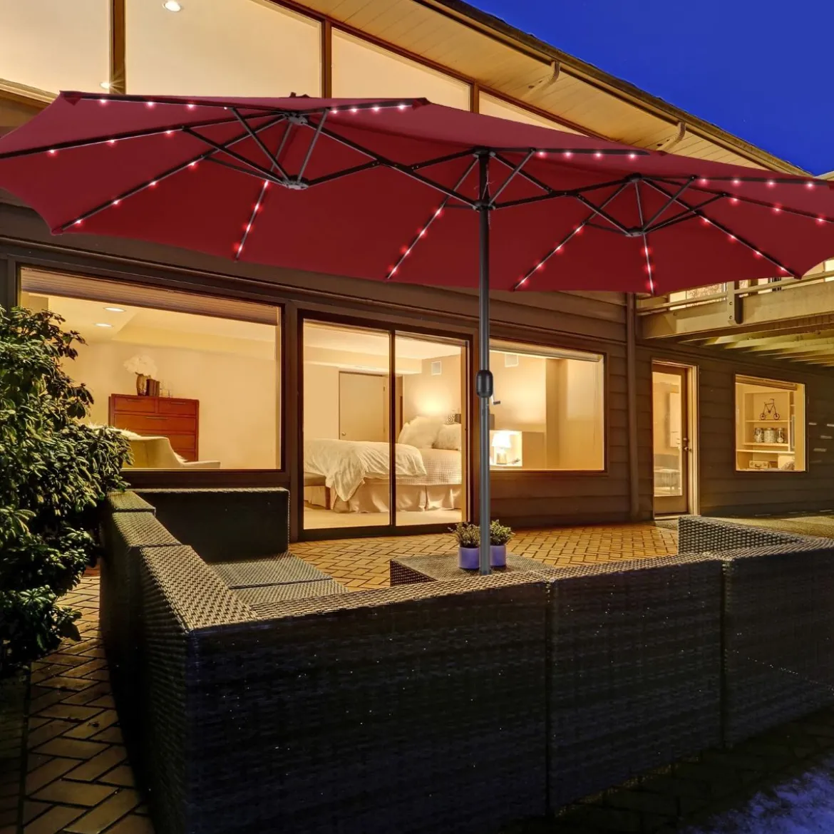 470 cm Großer Doppel-Terrassenschirm mit 48 Solar-LED-Lichtern & Kurbel Außenschirm Schirmständer nicht enthalten