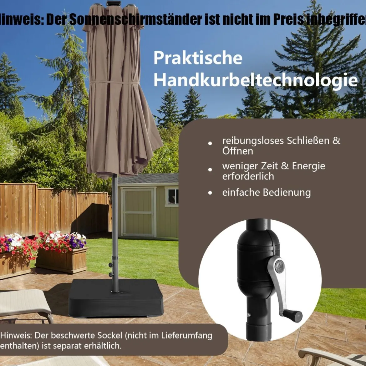 470 cm Großer Doppel-Terrassenschirm mit 48 Solar-LED-Lichtern & Kurbel Außenschirm Schirmständer nicht enthalten