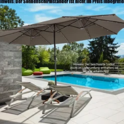 470 cm Großer Doppel-Terrassenschirm mit 48 Solar-LED-Lichtern & Kurbel Außenschirm Schirmständer nicht enthalten