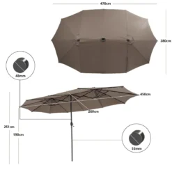470 cm Großer Doppel-Terrassenschirm mit 48 Solar-LED-Lichtern & Kurbel Außenschirm Schirmständer nicht enthalten