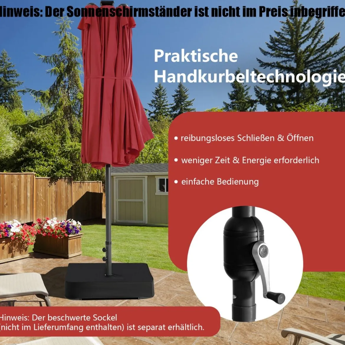 470 cm Großer Doppel-Terrassenschirm mit 48 Solar-LED-Lichtern & Kurbel Außenschirm Schirmständer nicht enthalten