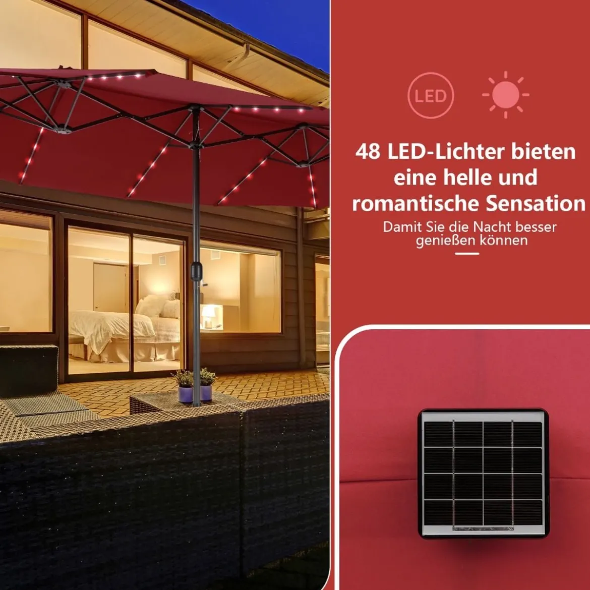 470 cm Großer Doppel-Terrassenschirm mit 48 Solar-LED-Lichtern & Kurbel Außenschirm Schirmständer nicht enthalten