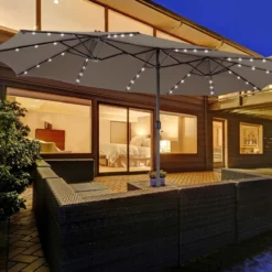 470 cm Großer Doppel-Terrassenschirm mit 48 Solar-LED-Lichtern & Kurbel Außenschirm Schirmständer nicht enthalten