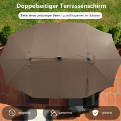 470 cm Großer Doppel-Terrassenschirm mit 48 Solar-LED-Lichtern & Kurbel Außenschirm Schirmständer nicht enthalten