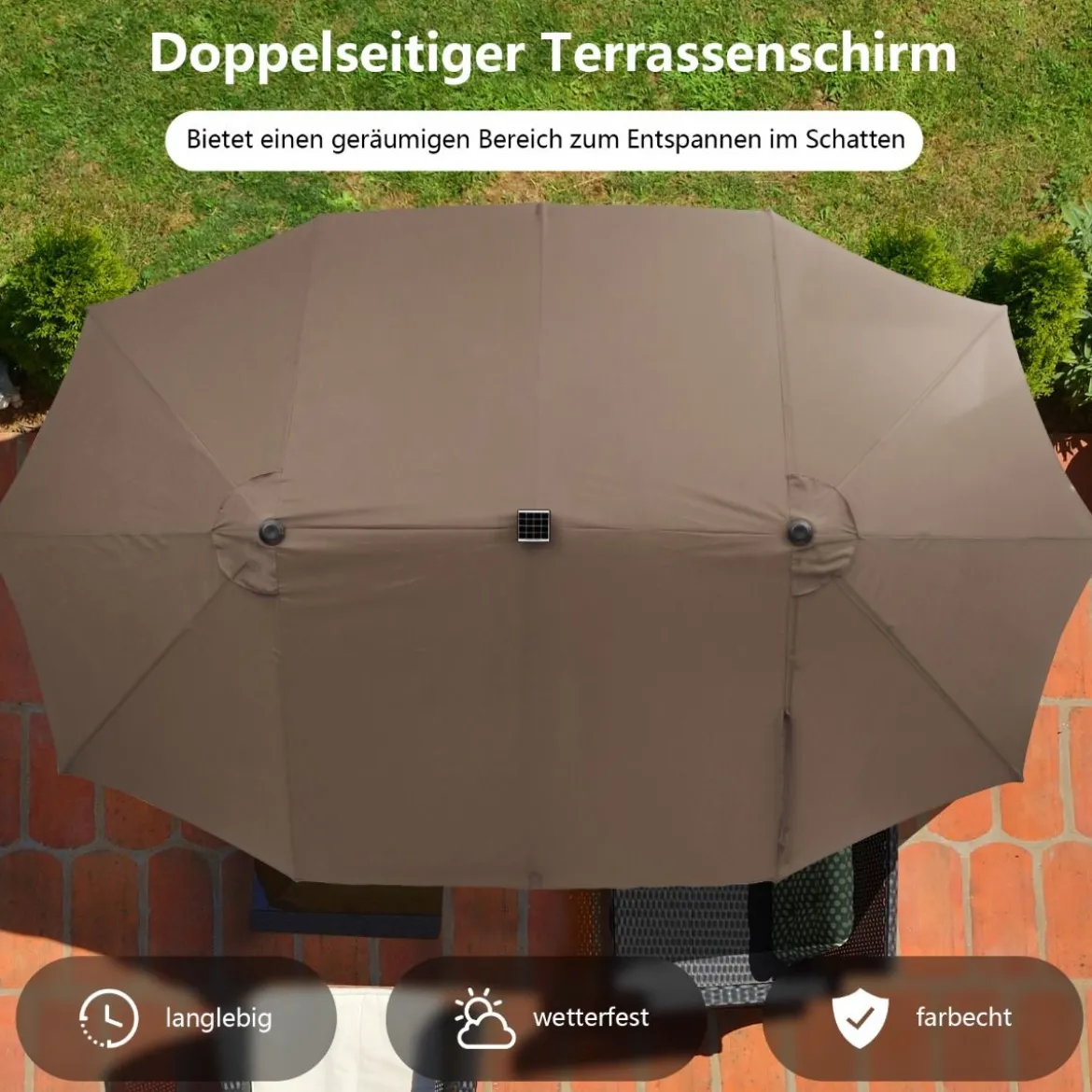 470 cm Großer Doppel-Terrassenschirm mit 48 Solar-LED-Lichtern & Kurbel Außenschirm Schirmständer nicht enthalten