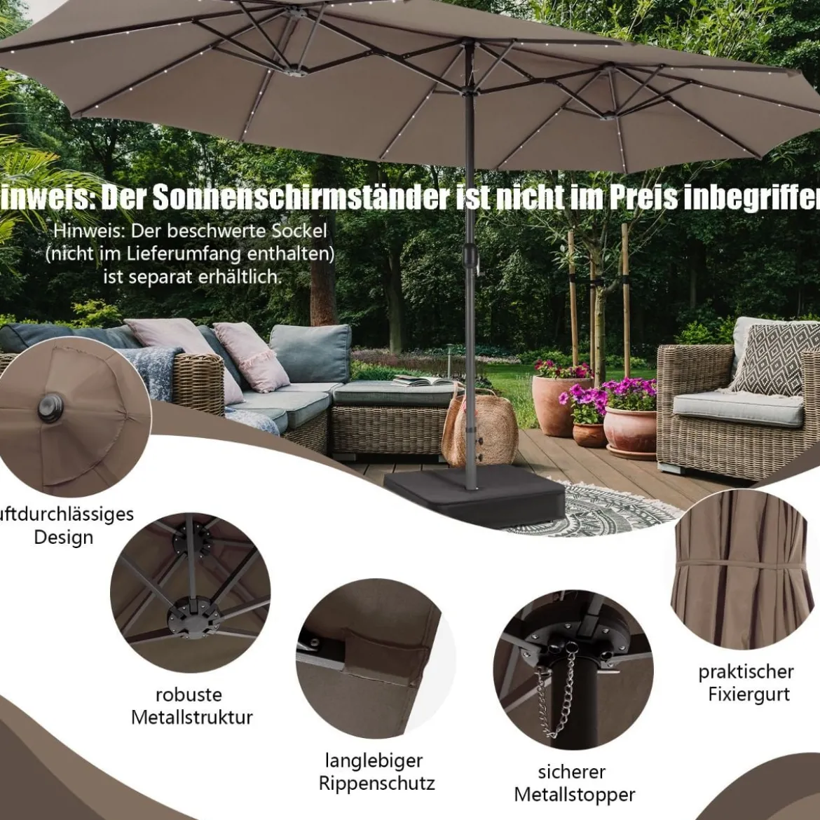 470 cm Großer Doppel-Terrassenschirm mit 48 Solar-LED-Lichtern & Kurbel Außenschirm Schirmständer nicht enthalten