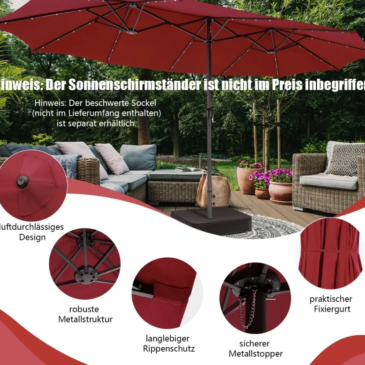 470 cm Großer Doppel-Terrassenschirm mit 48 Solar-LED-Lichtern & Kurbel Außenschirm Schirmständer nicht enthalten