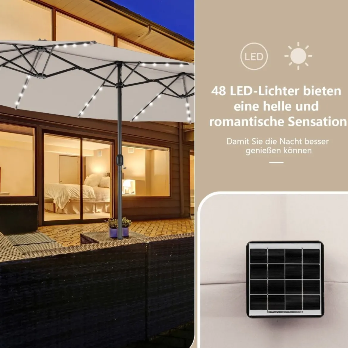 470 cm Großer Doppel-Terrassenschirm mit 48 Solar-LED-Lichtern & Kurbel Außenschirm Schirmständer nicht enthalten
