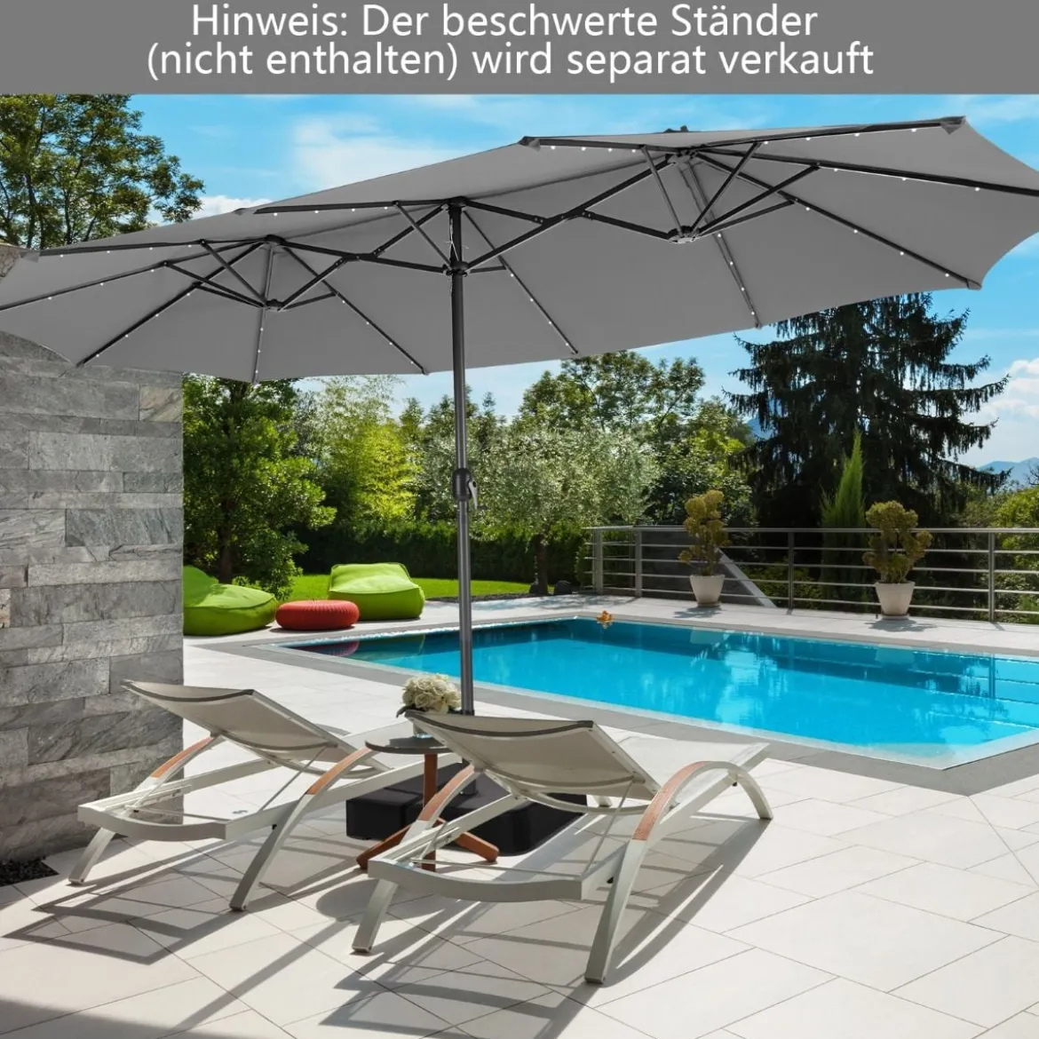 470 cm Großer Doppel-Terrassenschirm mit 48 Solar-LED-Lichtern & Kurbel Außenschirm Schirmständer nicht enthalten