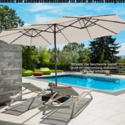 470 cm Großer Doppel-Terrassenschirm mit 48 Solar-LED-Lichtern & Kurbel Außenschirm Schirmständer nicht enthalten