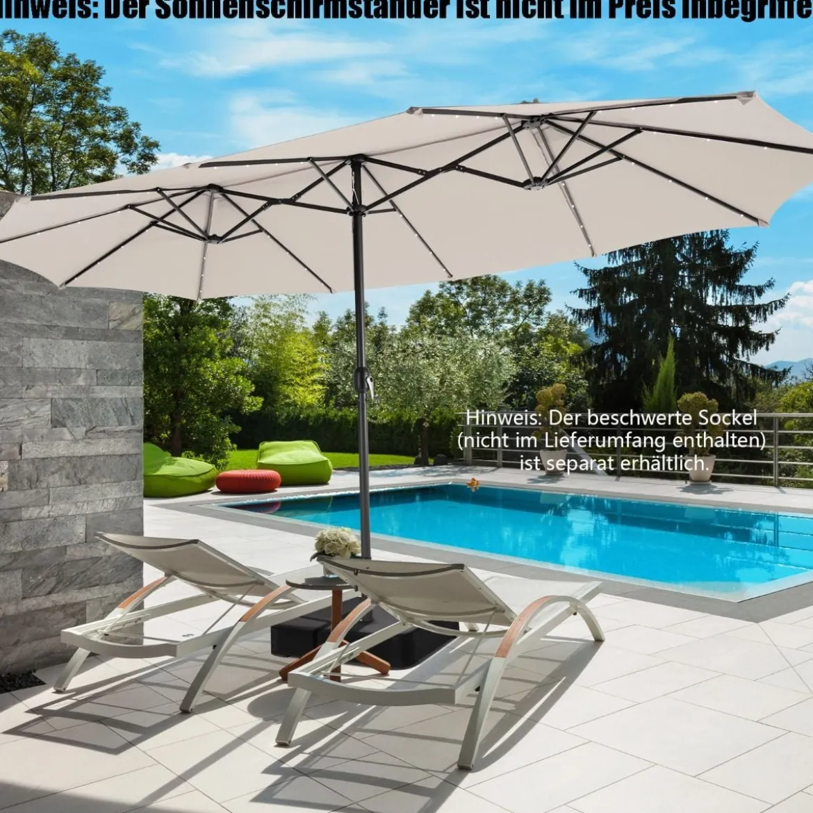 470 cm Großer Doppel-Terrassenschirm mit 48 Solar-LED-Lichtern & Kurbel Außenschirm Schirmständer nicht enthalten