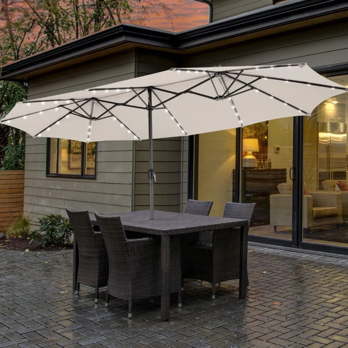 470 cm Großer Doppel-Terrassenschirm mit 48 Solar-LED-Lichtern & Kurbel Außenschirm Schirmständer nicht enthalten