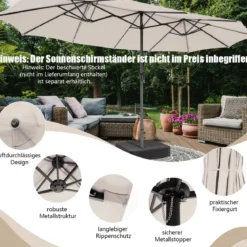 470 cm Großer Doppel-Terrassenschirm mit 48 Solar-LED-Lichtern & Kurbel Außenschirm Schirmständer nicht enthalten