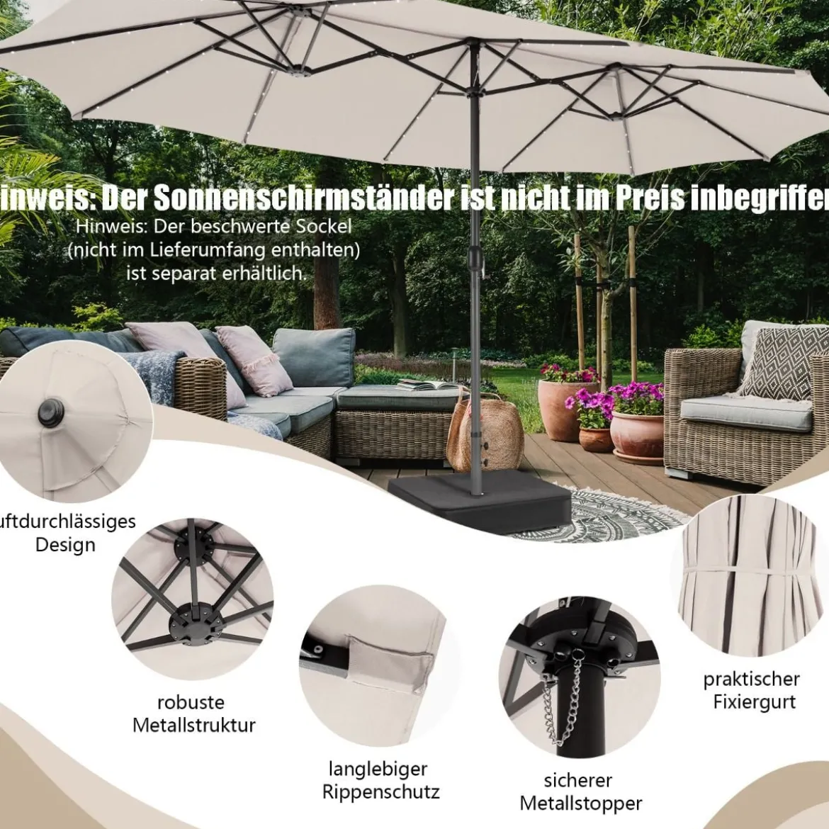 470 cm Großer Doppel-Terrassenschirm mit 48 Solar-LED-Lichtern & Kurbel Außenschirm Schirmständer nicht enthalten