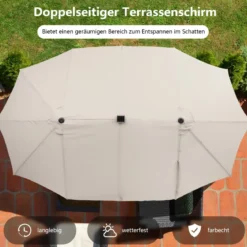 470 cm Großer Doppel-Terrassenschirm mit 48 Solar-LED-Lichtern & Kurbel Außenschirm Schirmständer nicht enthalten
