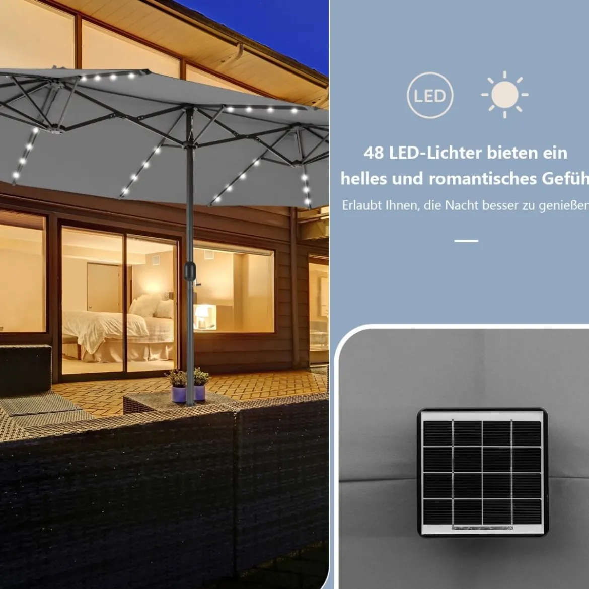 470 cm Großer Doppel-Terrassenschirm mit 48 Solar-LED-Lichtern & Kurbel Außenschirm Schirmständer nicht enthalten