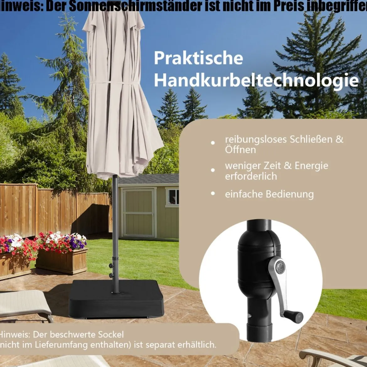 470 cm Großer Doppel-Terrassenschirm mit 48 Solar-LED-Lichtern & Kurbel Außenschirm Schirmständer nicht enthalten