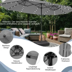 470 cm Großer Doppel-Terrassenschirm mit 48 Solar-LED-Lichtern & Kurbel Außenschirm Schirmständer nicht enthalten