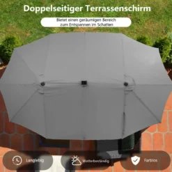 470 cm Großer Doppel-Terrassenschirm mit 48 Solar-LED-Lichtern & Kurbel Außenschirm Schirmständer nicht enthalten