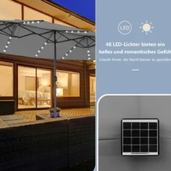 470 cm Großer Doppel-Terrassenschirm mit 48 Solar-LED-Lichtern & Kurbel Außenschirm Schirmständer nicht enthalten