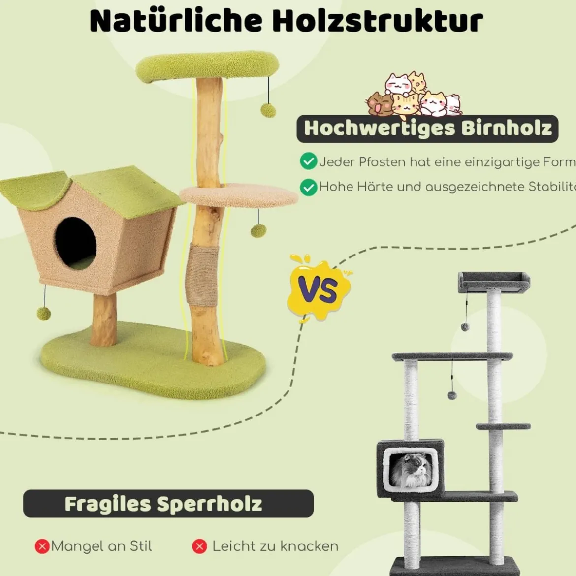 110 cm großer Kratzbaum Katzenturm aus Holz mit gepolsterter Sitzfläche Haus Kratzpfosten Grün 79 x 60 x 110 cm