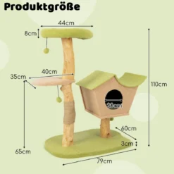 110 cm großer Kratzbaum Katzenturm aus Holz mit gepolsterter Sitzfläche Haus Kratzpfosten Grün 79 x 60 x 110 cm