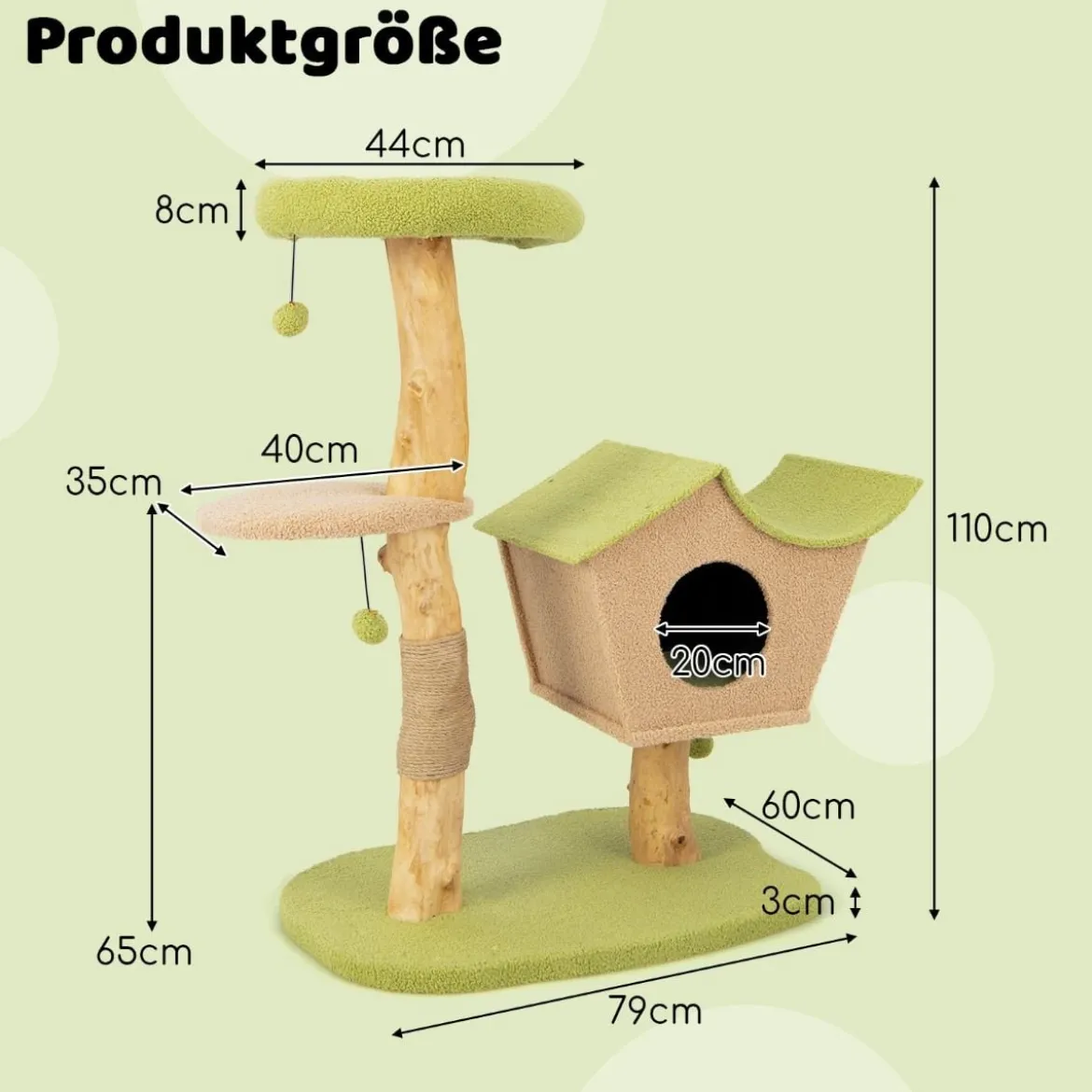110 cm großer Kratzbaum Katzenturm aus Holz mit gepolsterter Sitzfläche Haus Kratzpfosten Grün 79 x 60 x 110 cm