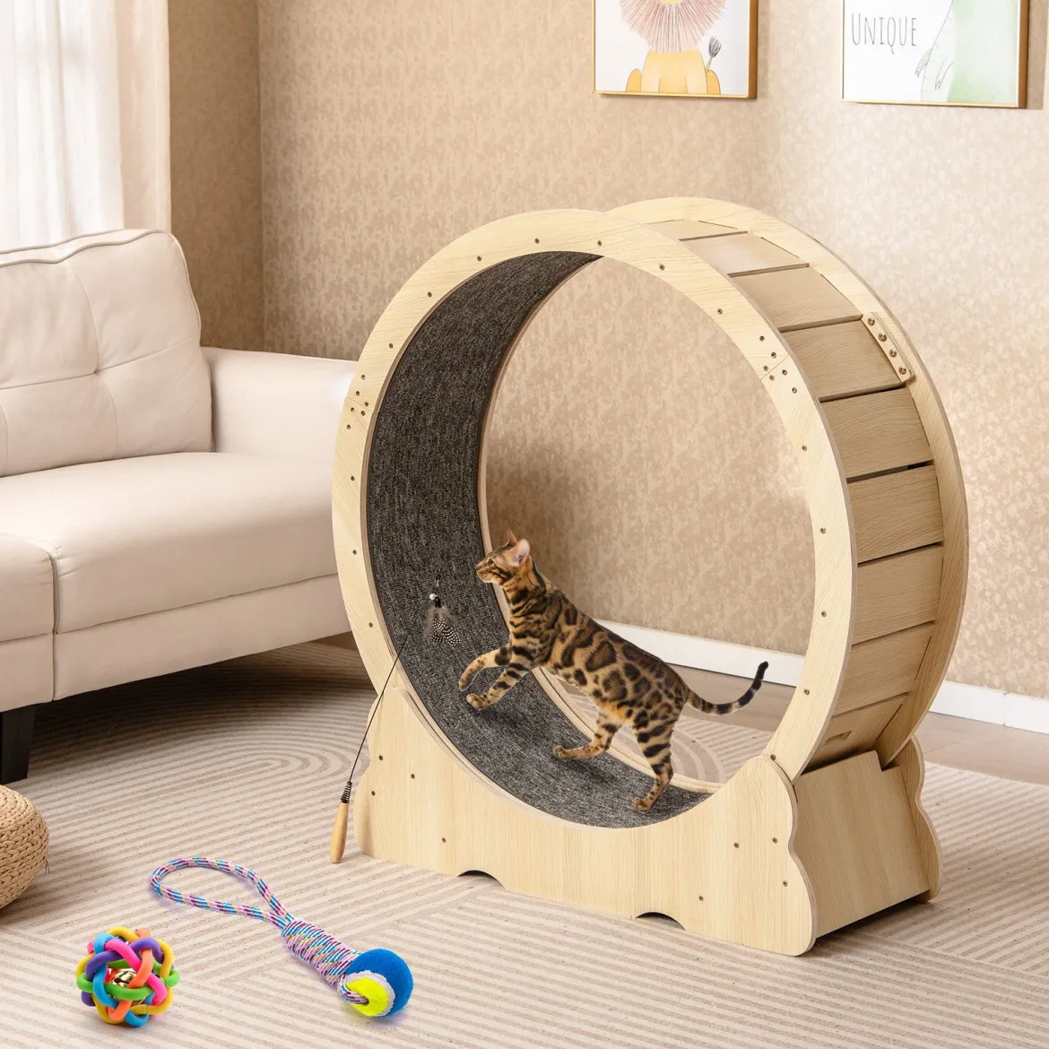 101 cm Großes Katzen-Trainingsrad Katzentretmühle mit abschließbarem Mechanismus Natur