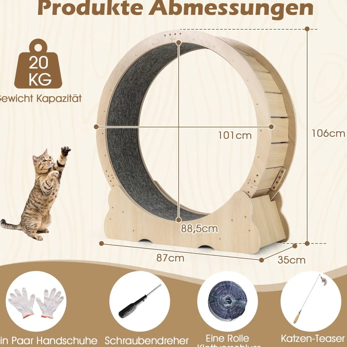 101 cm Großes Katzen-Trainingsrad Katzentretmühle mit abschließbarem Mechanismus Natur