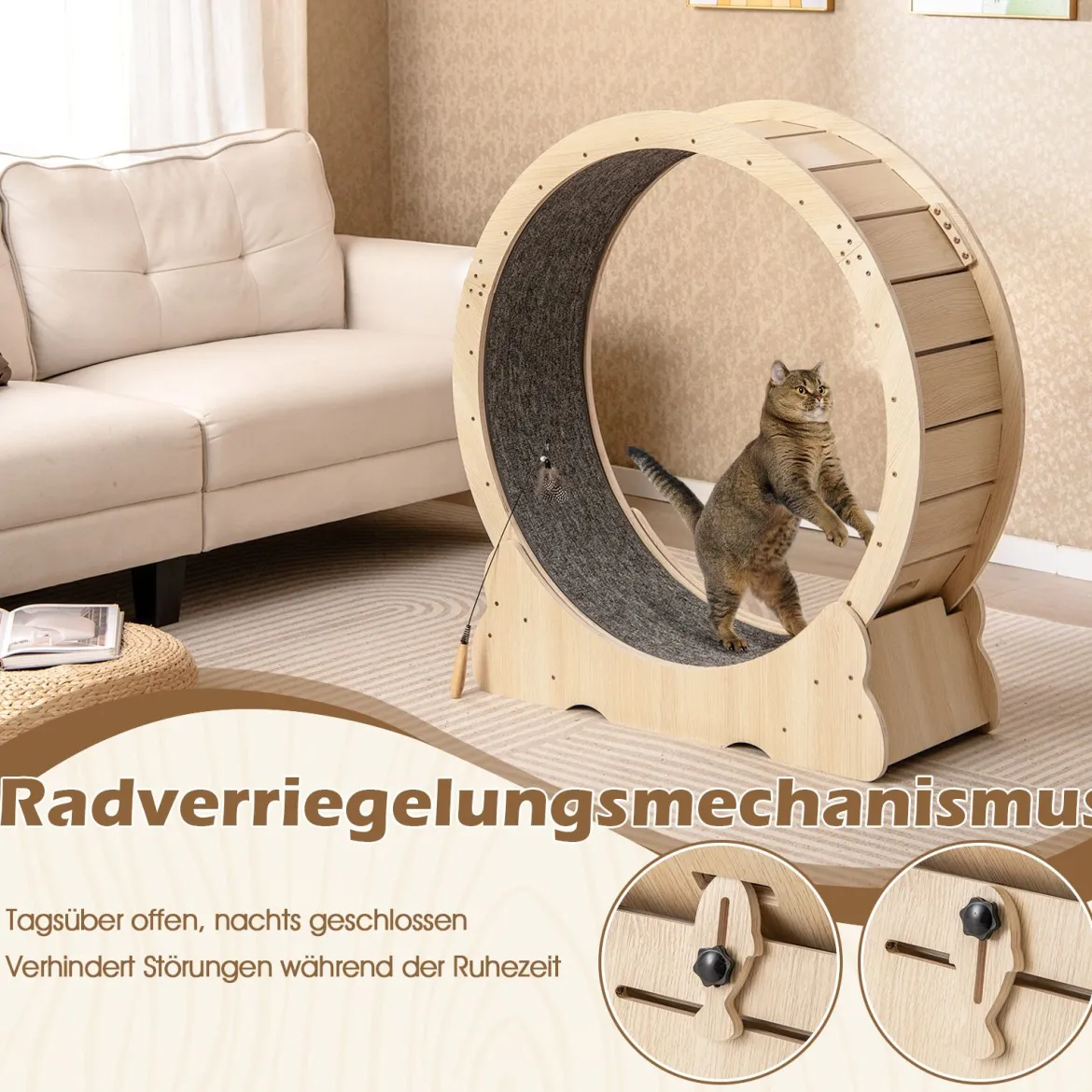 101 cm Großes Katzen-Trainingsrad Katzentretmühle mit abschließbarem Mechanismus Natur