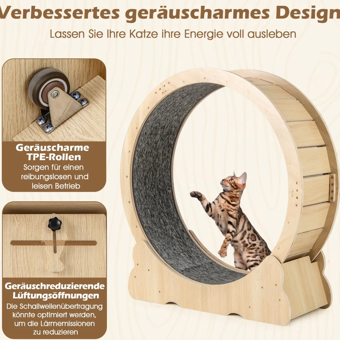 101 cm Großes Katzen-Trainingsrad Katzentretmühle mit abschließbarem Mechanismus Natur