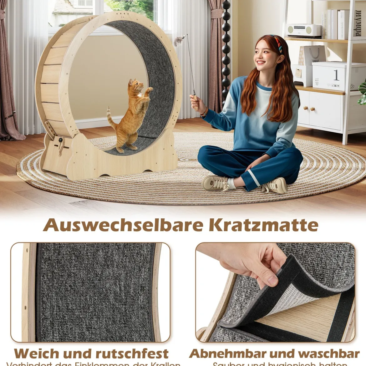 101 cm Großes Katzen-Trainingsrad Katzentretmühle mit abschließbarem Mechanismus Natur