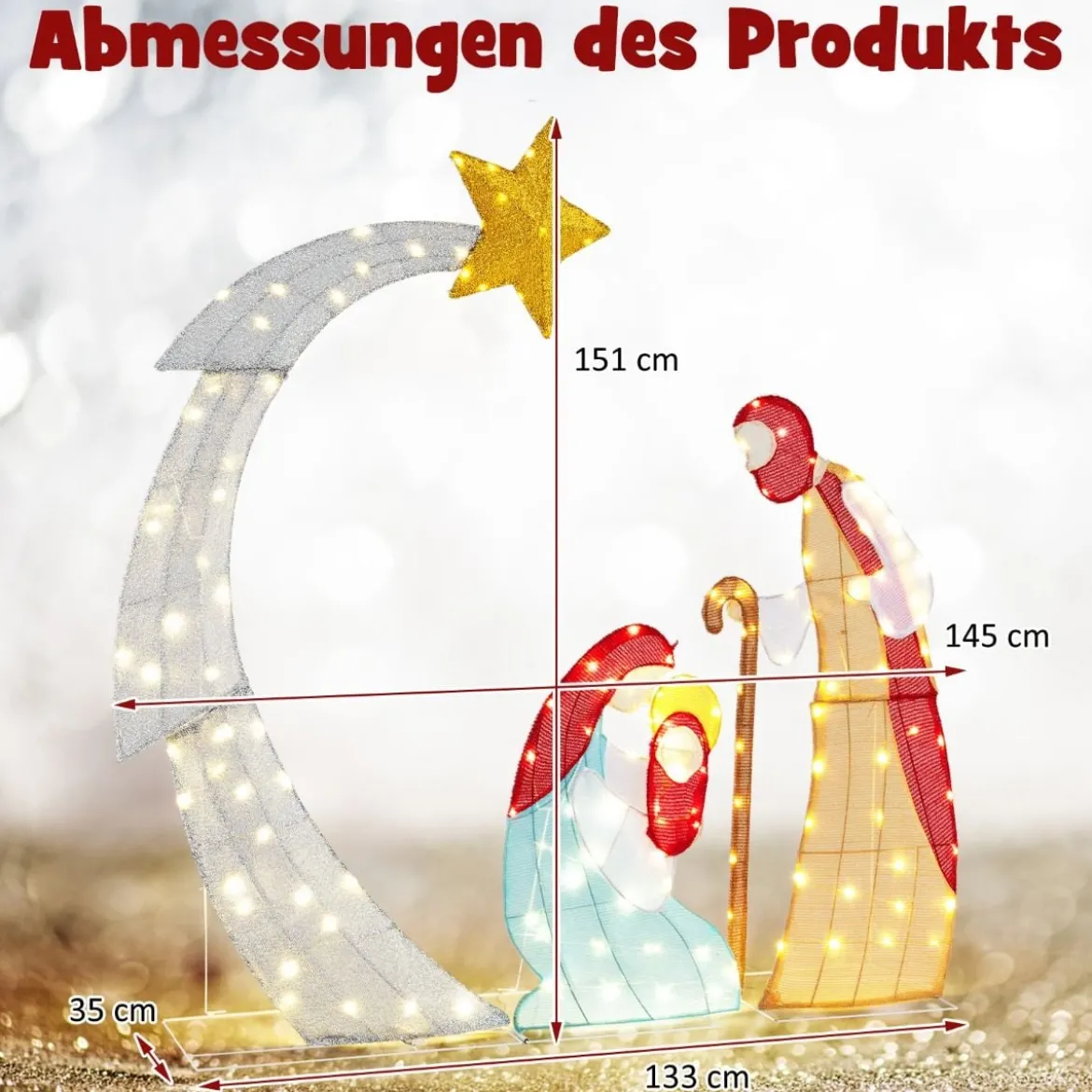 151 cm große Weihnachtskrippe Krippenszene mit 140 warmweißen LED-Lichtern