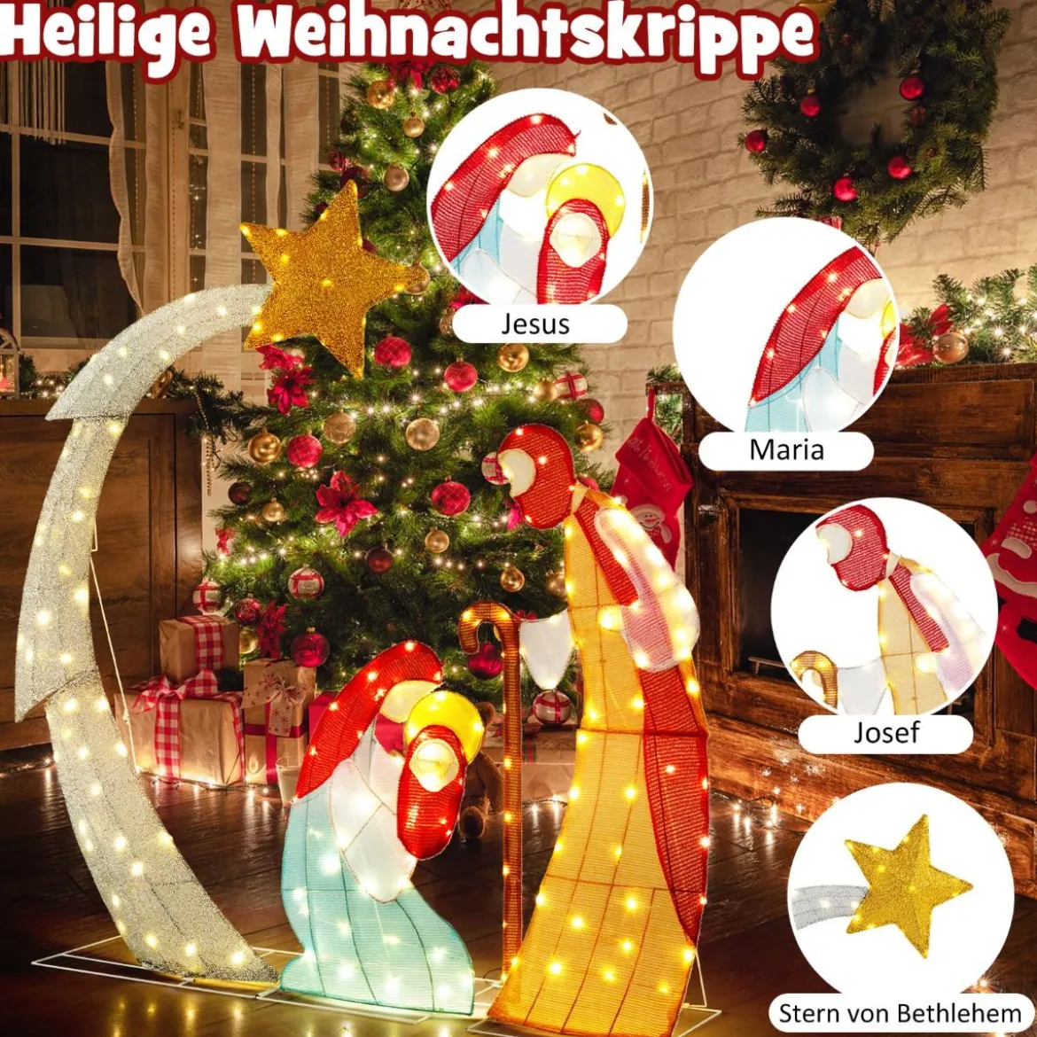 151 cm große Weihnachtskrippe Krippenszene mit 140 warmweißen LED-Lichtern