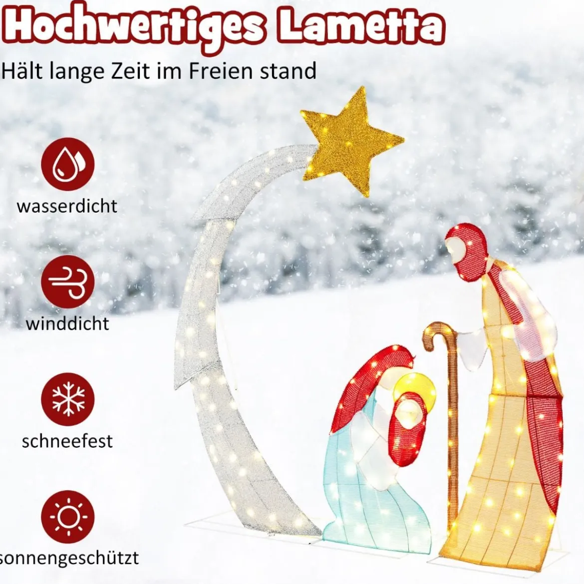 151 cm große Weihnachtskrippe Krippenszene mit 140 warmweißen LED-Lichtern